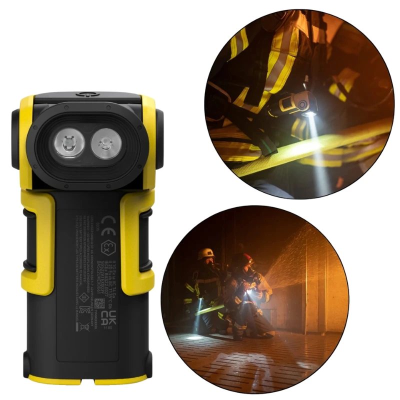 Se muestra una linterna amarilla y negra. Dos recuadros circulares representan a bomberos en acción: uno usa una Linterna Recargable Led Lenser EXC6R Atex 300lm para iluminar una manguera y el otro muestra a dos bomberos rociando agua dentro de un ambiente lleno de humo.