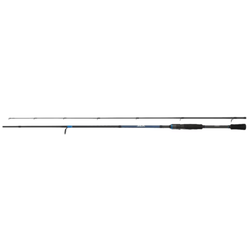 La caña Shimano SLX Spinning 2,10m es una caña de dos piezas con mango negro y azul, diseñada para la precisión. Cada sección incluye anillos guía para mejorar el lance y la recuperación. Se muestra horizontalmente sobre un fondo blanco.