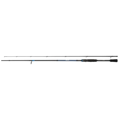 La caña Shimano SLX Spinning 2,10m es una caña de dos piezas con mango negro y azul, diseñada para la precisión. Cada sección incluye anillos guía para mejorar el lance y la recuperación. Se muestra horizontalmente sobre un fondo blanco.