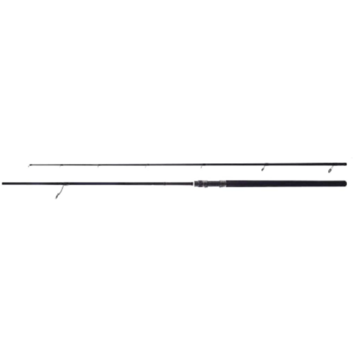 La caña de pescar Shimano Vengeance T Rock de 3,0 m, de elegante color negro, se presenta sobre un fondo blanco. Cuenta con un mango texturizado y múltiples guías de línea para un rendimiento superior y se presenta como una caña de dos piezas.