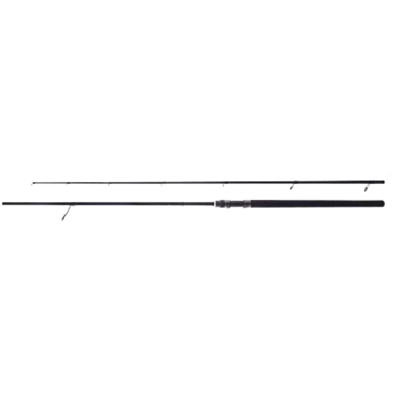 La caña de pescar Shimano Vengeance T Rock de 3,0 m, de elegante color negro, se presenta sobre un fondo blanco. Cuenta con un mango texturizado y múltiples guías de línea para un rendimiento superior y se presenta como una caña de dos piezas.