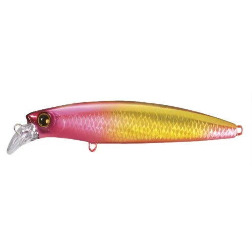 El Señuelo Shimano Spindrift 110HS #OM110KE presenta un degradado de rojo, rosa y amarillo con un patrón texturizado similar a una escama, un borde en ángulo transparente en la parte delantera y un ojo realista para atraer a los peces de manera efectiva.