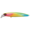 El Señuelo Shimano Spindrift 110HS #OM110KE es un señuelo de pesca vibrante con forma de pez, que presenta un cuerpo verde, rosa y amarillo iridiscente con un frente transparente en forma de aleta.