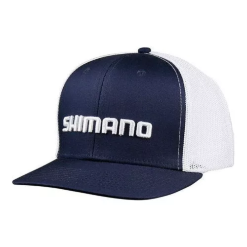 El Gorro Shimano Flat Visor Snapback es una gorra de camionero azul marino y blanca que presenta una parte posterior de malla, una visera azul marino y "Shimano" bordado en blanco en su panel frontal, completado con un botón tradicional en la parte superior.