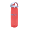 Una botella de agua roja Botella Nalgene On-The-Fly Sustain de 709 ml con tapa gris y blanca, que muestra de manera destacada el logotipo de Nalgene en el costado, se encuentra en posición vertical sobre un fondo blanco impecable.