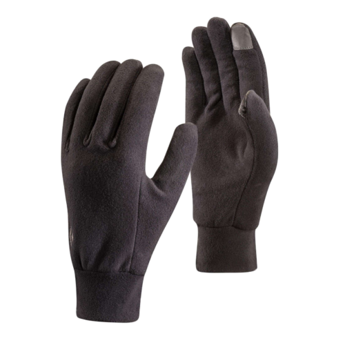 Un par de guantes Guantes Black Diamond Lightweight Fleece en polar negro, presentados sobre un fondo blanco. El diseño elegante incluye puntas de los dedos compatibles con pantallas táctiles y puños acanalados para un ajuste ceñido, que combina funcionalidad y estilo.