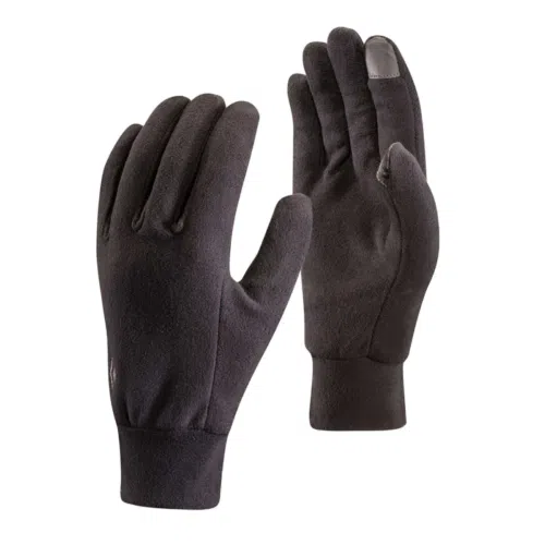 Un par de guantes Guantes Black Diamond Lightweight Fleece en polar negro, presentados sobre un fondo blanco. El diseño elegante incluye puntas de los dedos compatibles con pantallas táctiles y puños acanalados para un ajuste ceñido, que combina funcionalidad y estilo.