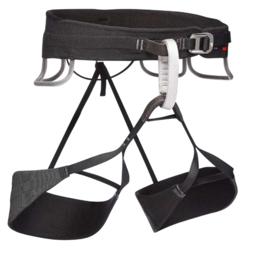 El arnés Arnés Black Diamond Solution Guide está equipado con presillas ajustables en la cintura y las piernas, correas duraderas, una hebilla de metal y presillas para el material de escalada. Este arnés negro, que se muestra sobre un fondo blanco, ofrece a los escaladores la combinación perfecta de fiabilidad y comodidad.