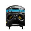 Se muestra de frente un casco de escalada Black Diamond Vision Mips, con correas azules y grises junto con una correa para la barbilla. Este casco negro incluye tecnología Mips para una mayor protección, incorpora orificios de ventilación para el flujo de aire y viene equipado con un clip seguro para la linterna frontal para máxima seguridad y comodidad.