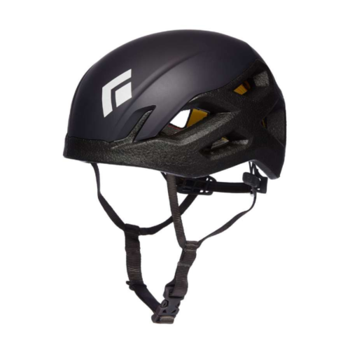 El casco de escalada Casco Black Diamond Vision Mips, en un elegante color negro con ventilación lateral y una correa de barbilla ajustable, garantiza seguridad y estilo en tus aventuras de escalada.