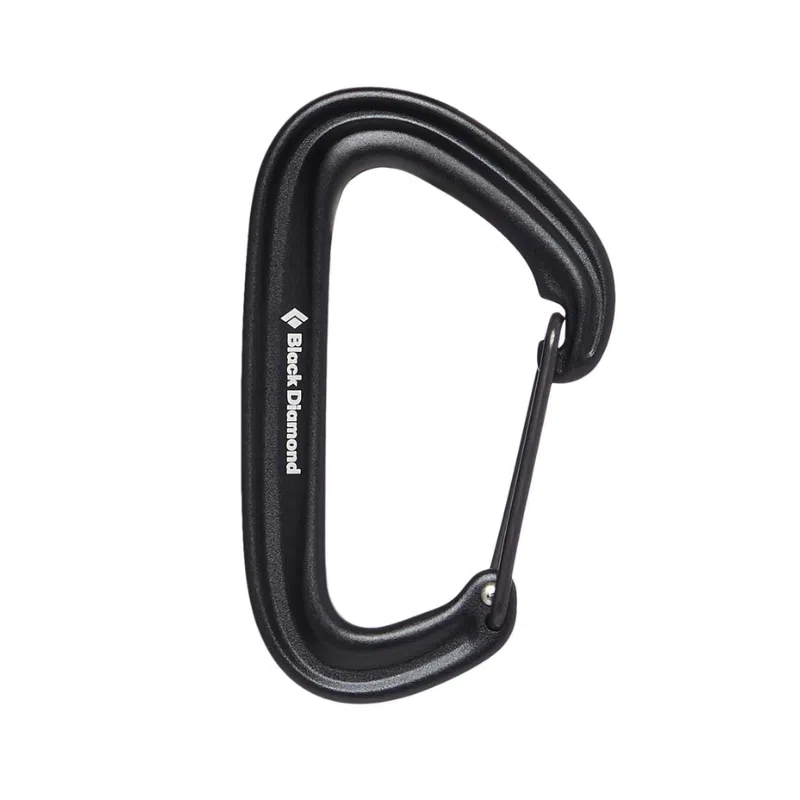 El mosquetón Mosquetón Black Diamond Litewire, con un elegante diseño negro y gatillo de alambre, está diseñado por expertos para escalar.