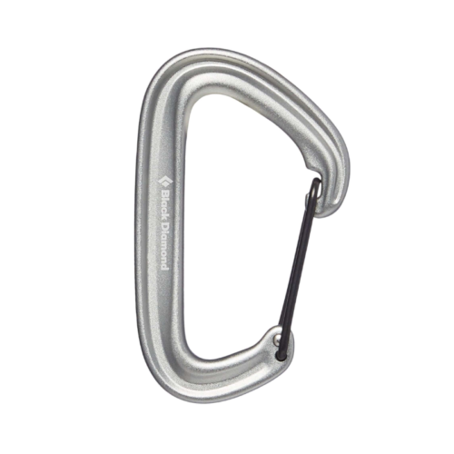Un mosquetón Litewire plateado de Black Diamond con gatillo de alambre, con la marca "Black Diamond", se muestra sobre un fondo blanco. El mosquetón tiene la forma clásica de D, diseñado para escalada y uso al aire libre. Su diseño elegante garantiza un rendimiento confiable en cada aventura.