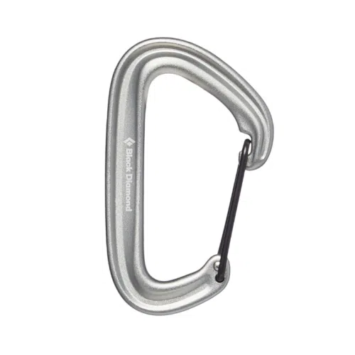 Un mosquetón Litewire plateado de Black Diamond con gatillo de alambre, con la marca "Black Diamond", se muestra sobre un fondo blanco. El mosquetón tiene la forma clásica de D, diseñado para escalada y uso al aire libre. Su diseño elegante garantiza un rendimiento confiable en cada aventura.
