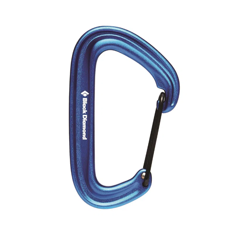 Imagen de un mosquetón azul en forma de D con la inscripción "Black Diamond" en blanco en el lateral. Este mosquetón Litewire de Black Diamond cuenta con un gatillo de alambre tradicional, perfecto para escaladas y aventuras al aire libre.