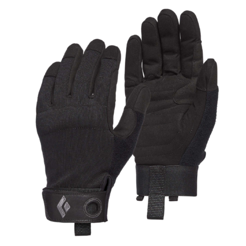 Un par de guantes Black Diamond Crag con agarres texturizados para un mejor agarre, palmas reforzadas y correas de velcro para las muñecas. Los guantes tienen un pequeño logotipo en la lengüeta de la muñeca, con un guante mostrado con la palma hacia arriba y el otro con la palma hacia abajo para una vista completa.