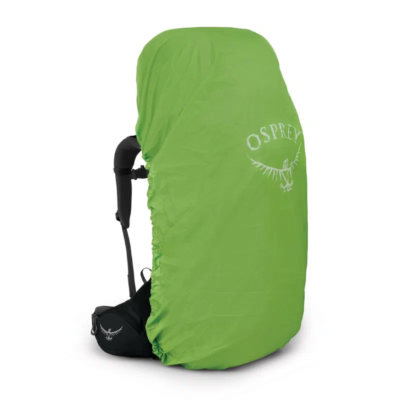 Una funda impermeable verde de Osprey se ajusta perfectamente a la mochila Osprey Aether de 65 litros y muestra con orgullo el logotipo de Osprey con su icónico gráfico de águila. La funda se ajusta firmemente alrededor de la mochila y brinda protección confiable contra los elementos.