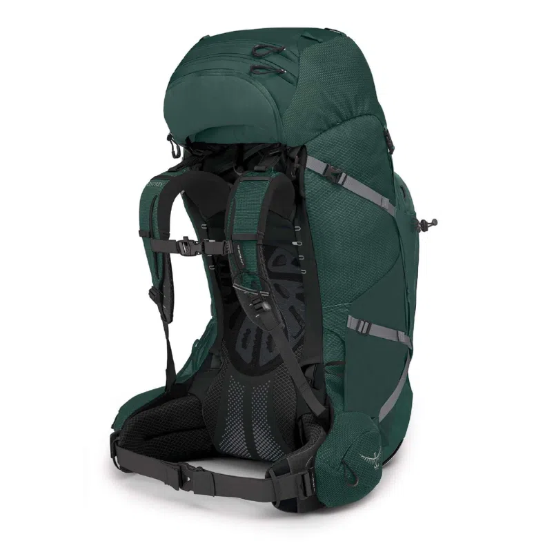 La Mochila Osprey Aether Plus 85L es una mochila grande para senderismo en color verde, con múltiples compartimentos y correas ajustables. Su espalda acolchada garantiza comodidad y sujeción. Esta resistente mochila se mantiene en posición vertical sobre un fondo blanco, lista para tu próxima aventura.
