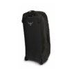 La bolsa de lona con ruedas Wildwater de Osprey, de color negro, se encuentra en posición vertical sobre un fondo blanco. Tiene un logotipo con forma de ala cerca de la parte superior, asas resistentes y dos ruedas para transportarla fácilmente. Esta bolsa de 60 l combina practicidad y estilo, perfecta para cualquier viaje.