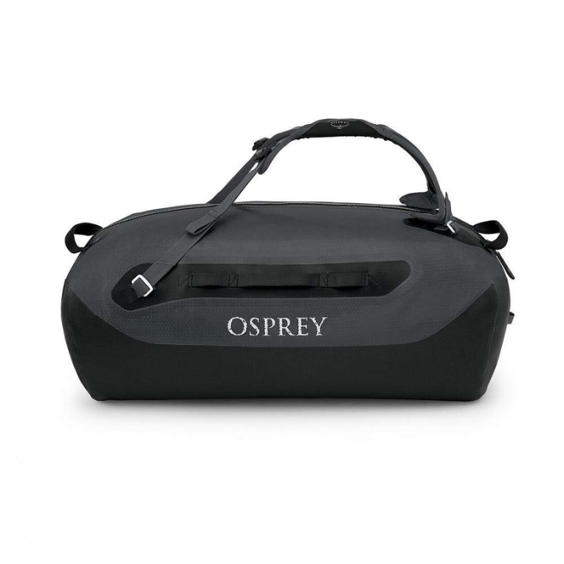 Un bolso de lona negro de Osprey con base reforzada, correa de hombro ajustable y asas en los costados y en la parte superior, se hace eco del elegante diseño de la Mochila Osprey Tempest 20 Mujer (copia), mostrando prominentemente el logotipo de Osprey en su costado.