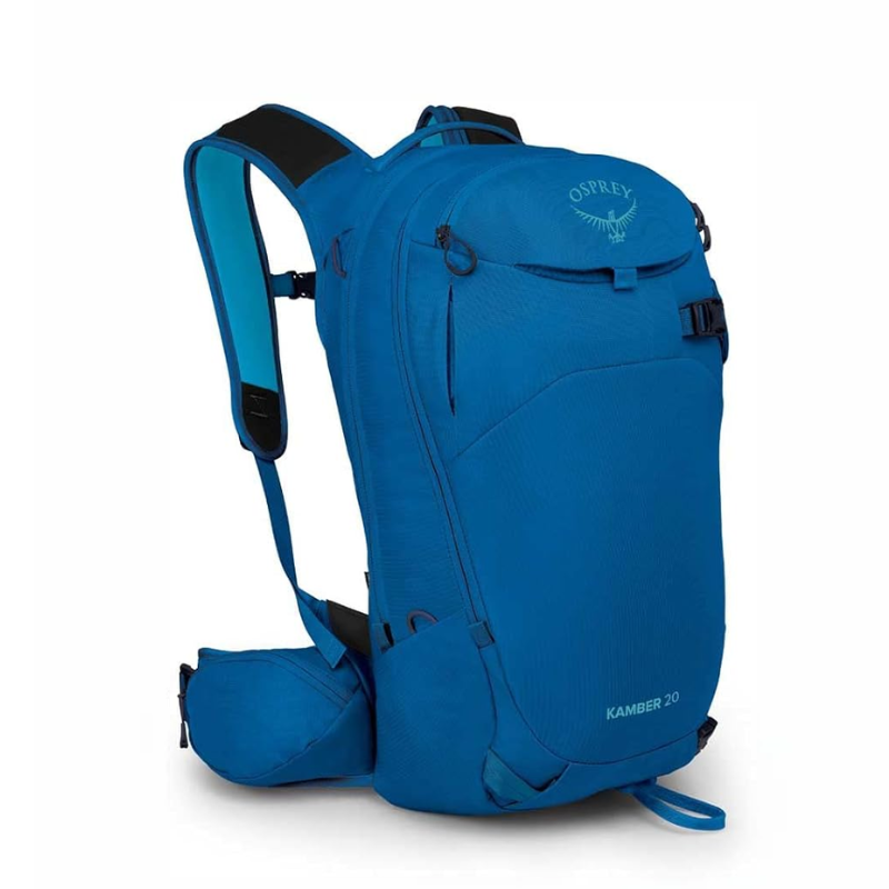 Mochila Osprey Kamber 20 de color azul brillante con correas ajustables para los hombros, cinturón y múltiples compartimentos con cierre, diseñada para actividades al aire libre. Si buscas algo más compacto, puedes considerar la Mochila de Hidratación Osprey Raptor 10L (copia).