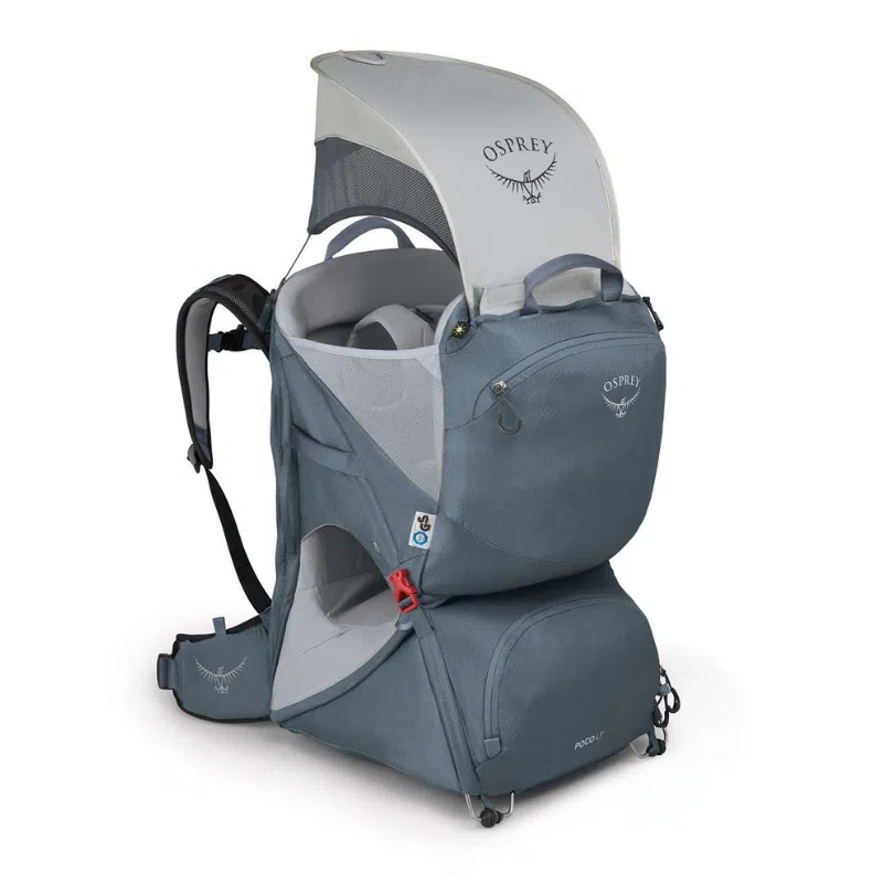 La Mochila Portabebé Osprey Poco LT, en color gris, es una mochila portabebés que incorpora un parasol y correas ajustables. Incluye varios compartimentos de almacenamiento y un armazón robusto, lo que permite llevar a tu hijo de forma segura y cómoda en excursiones al aire libre como el senderismo.