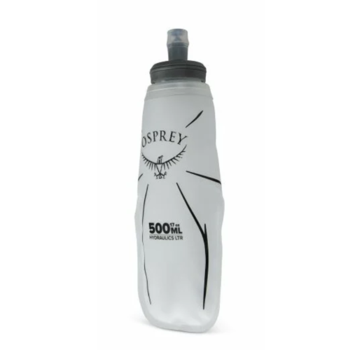 Presentamos la Bolsa de Hidratación Osprey Hydraulics LT 2.5 Res, una botella de agua semitransparente y plegable con una elegante tapa y boquilla de color gris. Etiquetada como "Osprey", presenta gráficos negros que garantizan una hidratación elegante y eficiente en cualquier lugar.