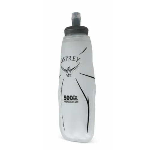 Presentamos la Bolsa de Hidratación Osprey Hydraulics LT 2.5 Res, una botella de agua semitransparente y plegable con una elegante tapa y boquilla de color gris. Etiquetada como "Osprey", presenta gráficos negros que garantizan una hidratación elegante y eficiente en cualquier lugar.