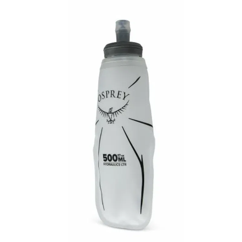 Presentamos la Bolsa de Hidratación Osprey Hydraulics LT 2.5 Res, una botella de agua semitransparente y plegable con una elegante tapa y boquilla de color gris. Etiquetada como "Osprey", presenta gráficos negros que garantizan una hidratación elegante y eficiente en cualquier lugar.
