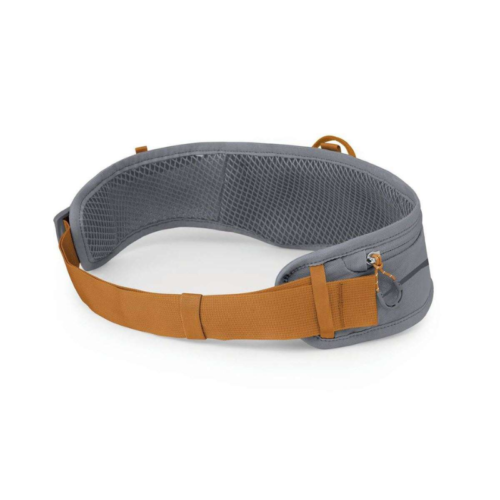 El cinturón para correr Osprey Duro Dyna LT Belt cuenta con una elegante estética en gris y naranja, complementada con un forro interior de malla. Cuenta con una bolsa con cierre y un pequeño lazo para sujetar objetos, lo que lo hace ideal para aventuras al aire libre o viajes.