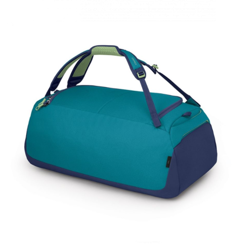 El bolso Osprey Daylite Duffel está disponible en azul y turquesa con detalles en azul marino y correas ajustables. Incluye un compartimento principal con cierre y un asa acolchada para una mayor comodidad, lo que lo hace ideal para cualquier viaje.