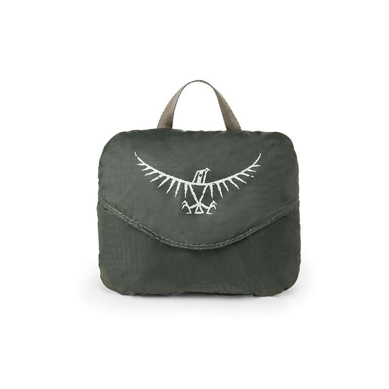 Una bolsa compacta de color verde oliva con el logotipo de un pájaro estilizado en la solapa delantera, diseñada por Osprey. Incluye un asa superior sencilla y funciona como una funda impermeable ultraligera ideal para proteger tus objetos esenciales.