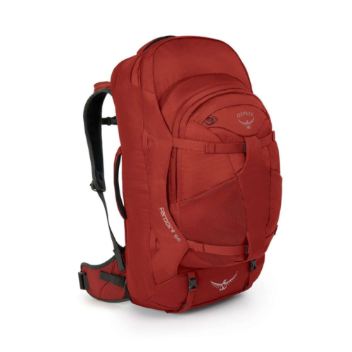 Una mochila roja de Osprey, similar al Chaleco de Hidratación Osprey Dyna 6 w/Res Mujer (copia), se muestra sobre un fondo blanco. La mochila cuenta con múltiples compartimentos y correas ajustables, con el logotipo y la marca claramente visibles en el bolsillo delantero, fusionando funcionalidad con un diseño elegante.