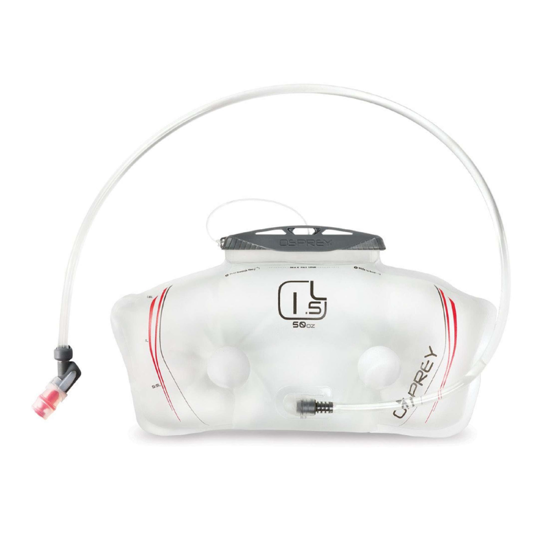 La Bolsa de Hidratación Osprey Hydraulics LT 2.5 Res (copia) es un depósito de hidratación transparente con una tapa gris, detalles en rojo y una manguera flexible con una válvula de mordida, diseñada con una capacidad de 1,5 litros.