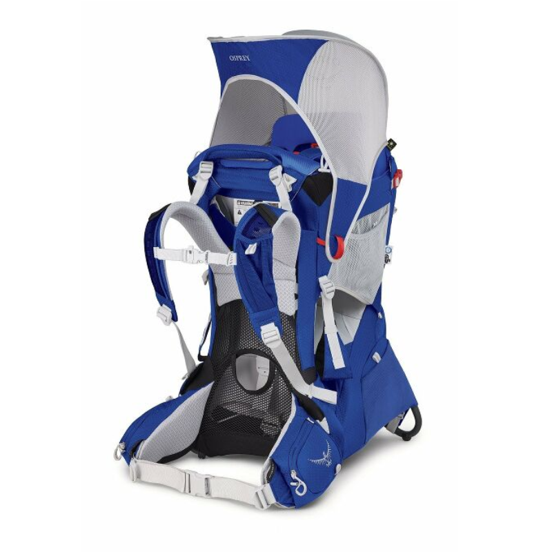 La Mochila Portabebé Osprey Poco LT (copia) es una mochila portabebé en color azul y gris, equipada con un arnés ajustable, parasol y numerosos bolsillos de almacenamiento. Este modelo cuenta con malla transpirable y soporte ergonómico, lo que lo hace ideal para caminatas y aventuras al aire libre.