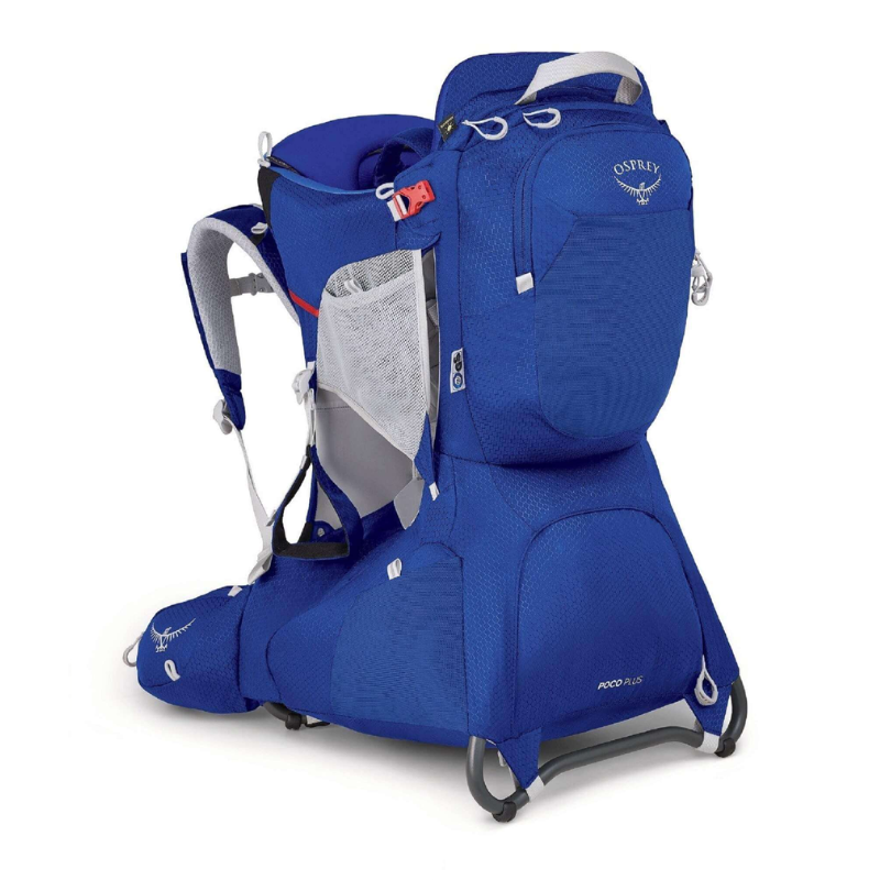 La mochila portabebé Osprey Poco LT (copia) en color azul cuenta con múltiples compartimentos, correas ajustables y un marco de metal resistente. Equipada con bolsillos de malla y un parasol, está diseñada para brindar comodidad y conveniencia durante caminatas o viajes.