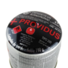 Primer plano de un bote negro y plateado con la etiqueta "Balón de Gas 190 gr Providus con Válvula de Seguridad TOP SAFE" para gas propano butano. La tapa incluye información detallada sobre la seguridad y el producto, destacando la Válvula de Seguridad TOP SAFE. Fabricado en Italia, presenta un logotipo rojo y blanco en la parte superior para una fácil identificación.