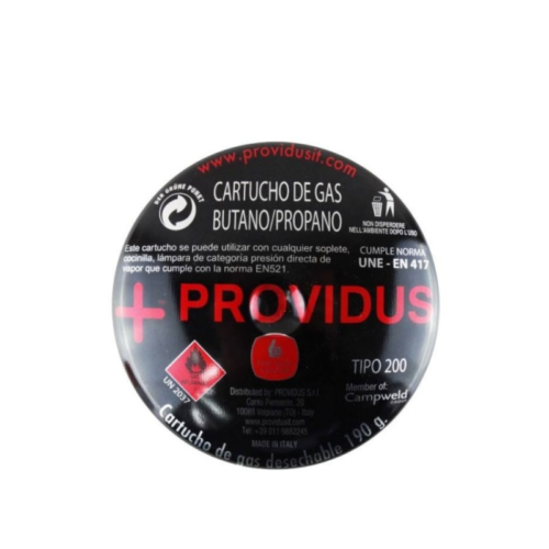 La imagen muestra una etiqueta que indica "Balón de gas de 190 gr Providus con válvula de seguridad TOP SAFE" en letras rojas destacadas. Detalla una mezcla de butano y propano e incluye advertencias de seguridad, información de uso en español y destaca la eficiente "Válvula de seguridad TOP SAFE".