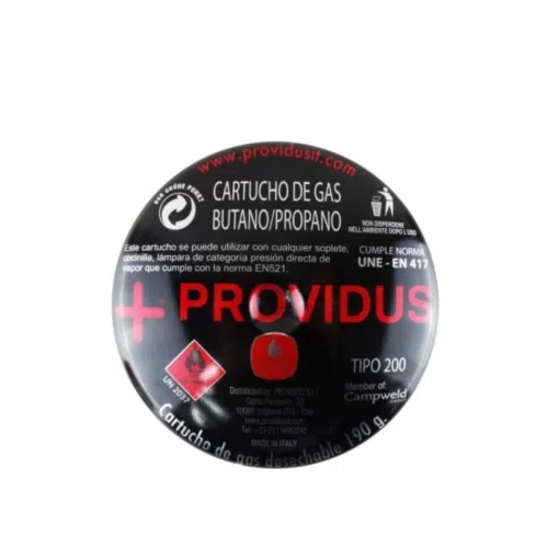 La imagen muestra una etiqueta que indica "Balón de gas de 190 gr Providus con válvula de seguridad TOP SAFE" en letras rojas destacadas. Detalla una mezcla de butano y propano e incluye advertencias de seguridad, información de uso en español y destaca la eficiente "Válvula de seguridad TOP SAFE".
