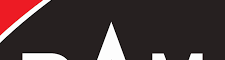 Logotipo con fondo rojo y negro con una línea diagonal curva que divide los dos colores. Las letras "D", "A" y "M" están en negrita y en blanco debajo de la curva.