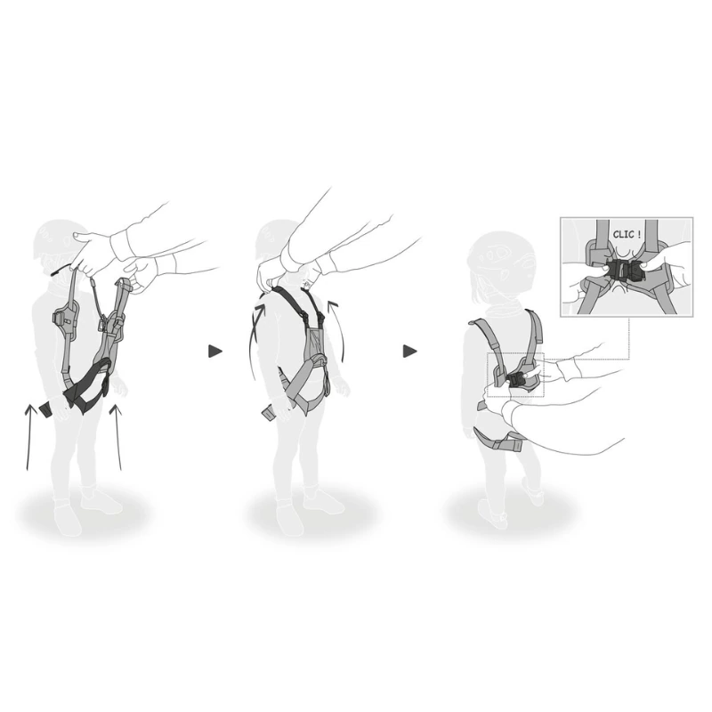 Ilustración de cómo colocar el arnés de escalada infantil Petzl Simba Climbing. Las instrucciones paso a paso muestran cómo colocarlo y conectar la hebilla, con un recuadro que destaca cómo colocar la hebilla en su lugar.