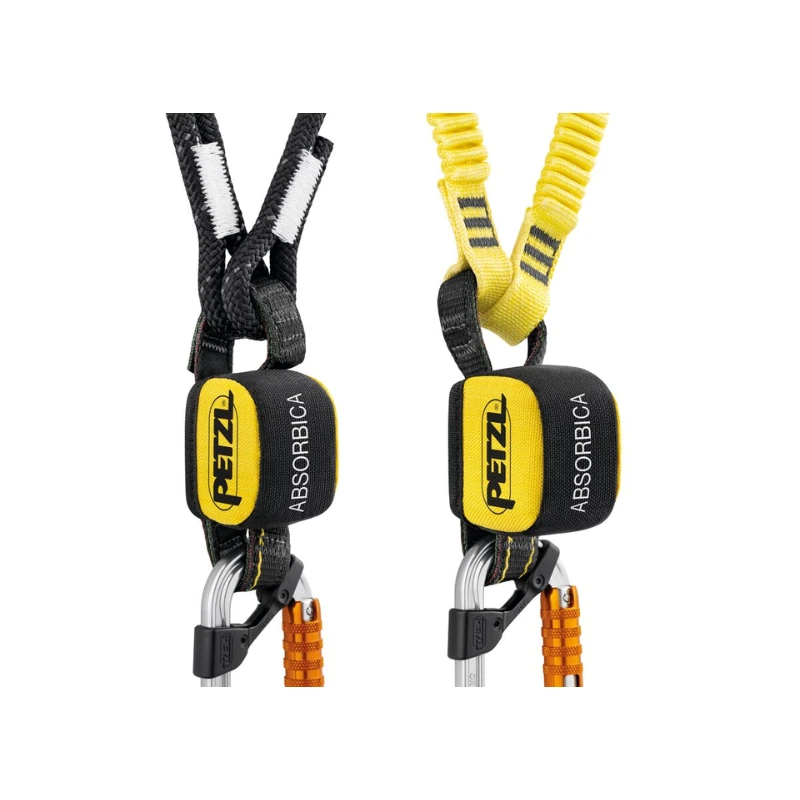 Dos absorbedores de energía Petzl Absorbica de Absorbedor Industrial, con elementos de amarre y mosquetones, garantizan una seguridad óptima para la escalada y los trabajos en altura. El de la izquierda es de color blanco y negro, en contraste con el de la derecha, de color amarillo. Ambos llevan el logotipo de Petzl, que representa la fiabilidad de la norma 2024.