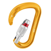 El mosquetón de seguridad Petzl Attache presenta un diseño de bloqueo dorado con un mecanismo plateado, forma de D e indicador de bloqueo de rosca rojo. La marca y el nombre del modelo están elegantemente grabados en el lateral, lo que garantiza seguridad y estilo.
