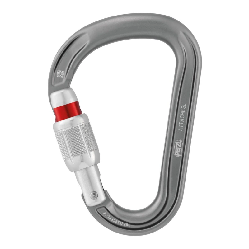 El Mosquetón Seguridad Petzl Attache es un mosquetón plateado con gatillo de seguridad con rosca e indicador de seguridad rojo, ideal para escalada y actividades al aire libre. Presenta la inscripción "Attache SL" grabada en el lateral, lo que le confiere un diseño elegante y duradero.