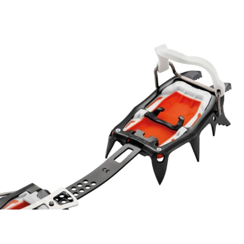 Los crampones Petzl Sarken cuentan con clavos de metal para escalada en hielo, colores negro y rojo con detalles en blanco y una correa segura para sujetarlos al calzado. Su estructura robusta es ideal para la nieve y el hielo.