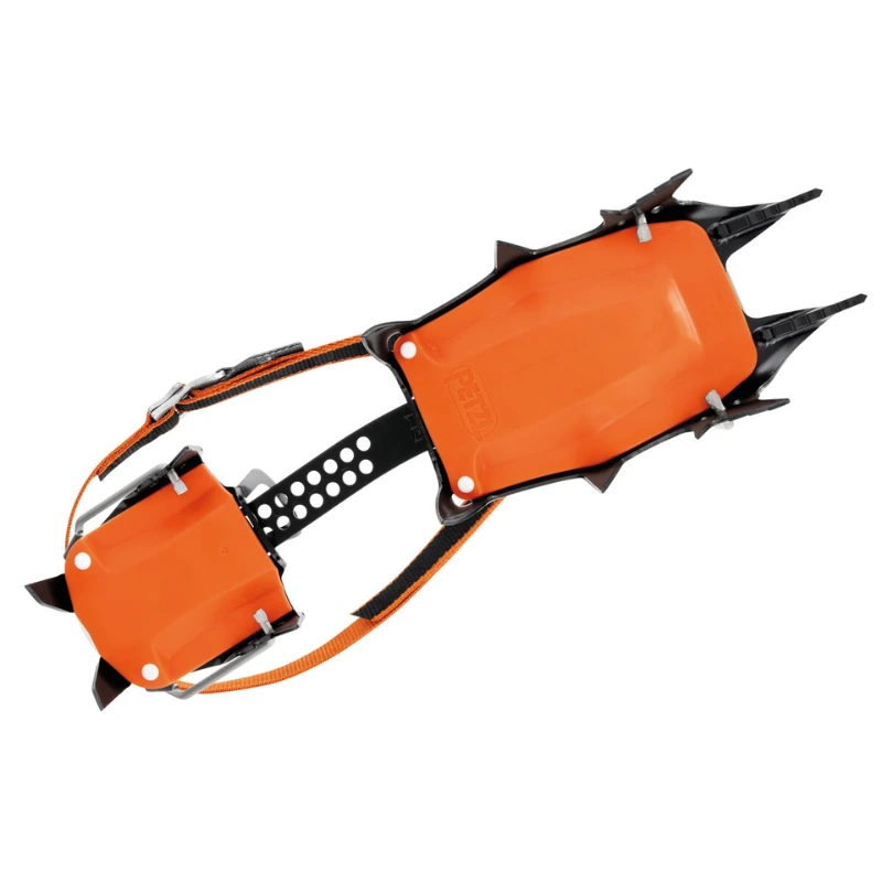 Los Crampones de Alpinismo Técnico Petzl Sarken están diseñados para escalada en hielo, presentan un diseño naranja y negro con puntas metálicas afiladas y correas ajustables para una fijación segura de las botas.