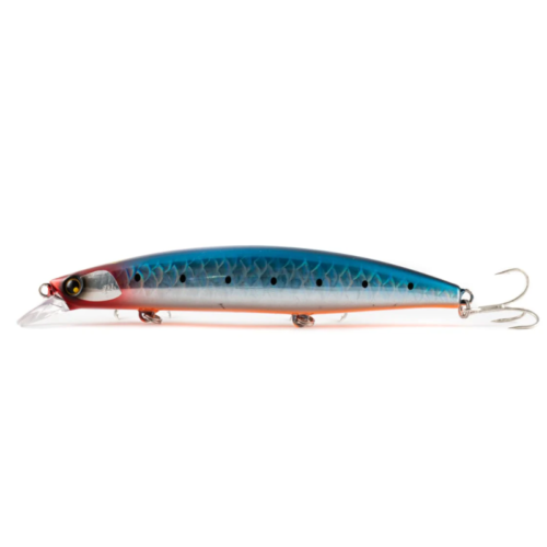 El Señuelo Shimano Hirame Minnow 125S #OM225ME es un señuelo alargado con escamas azules y plateadas, cabeza roja, manchas laterales negras, un ojo prominente, un labio frontal transparente y un anzuelo triple en la parte posterior.
