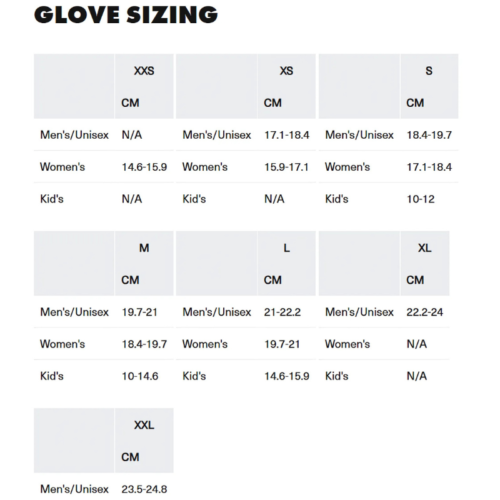 Una tabla de tallas de guantes que ofrece tallas desde XXS hasta XXL, con medidas detalladas en centímetros para las categorías de hombre/unisex, mujer y niños. Perfecta para encontrar el ajuste correcto, esta tabla es particularmente útil al seleccionar guantes Black Diamond Crag.