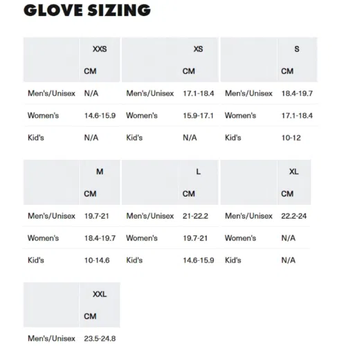 Una tabla de tallas de guantes que ofrece tallas desde XXS hasta XXL, con medidas detalladas en centímetros para las categorías de hombre/unisex, mujer y niños. Perfecta para encontrar el ajuste correcto, esta tabla es particularmente útil al seleccionar guantes Black Diamond Crag.