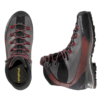 Echa un vistazo a la zapatilla de trekking La Sportiva Trango Trk Leather GTX, unas elegantes botas de senderismo en gris y negro con cordones rojos. Con suelas resistentes y soporte para el tobillo, muestran la marca en el lateral y la plantilla. Se muestran en vista superior y lateral para un look completo.