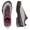Las zapatillas de senderismo La Sportiva TX4 Mujer son de color gris y negro con cordones en verde azulado y rosa, y llevan la marca en el lateral. Diseñadas para mujeres, cuentan con una suela resistente para mayor tracción y una plantilla "Ortholite Hybrid".